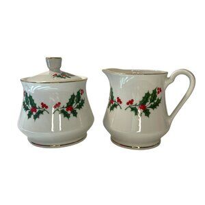 Vintage Holiday Tradition Holly Berry Cream Sugar Bowl Set Porcelain Japan Xmas
